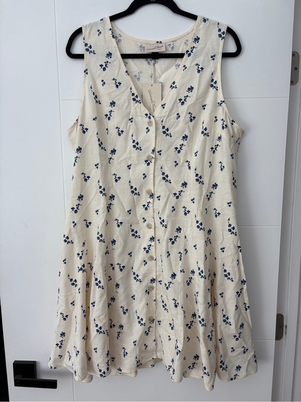 NWT Universal Thread Floral Swing Dress XL Button Front Sleeveless Cream Navy